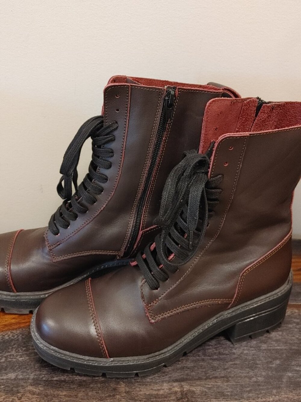 🔥Zara Burgundy Leather Lace Up Combat Lug Sole Boots